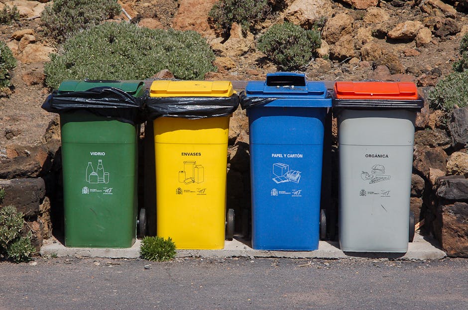 Four wheeled rubbish bins are positioned side by side on a paved surface in an outdoor environment. From left to right, the bins are green, yellow, blue, and light grey, each with a contrasting coloured lid—black on the green and yellow bins, blue on the blue bin, and red on the grey bin. The green bin is labeled for glass waste with a line drawing of bottles and jars, the yellow for packaging materials with an illustration of boxes, the blue for paper and cardboard with an icon of stacked sheets, and the grey for organic waste featuring a line drawing of food scraps and garden waste. Behind the bins, there is a backdrop of rocky soil with sparse, small green shrubs and bushes. The scene appears bright and sunny, with natural light illuminating the textured surfaces of the bins and the surrounding environment. This outdoor waste separation setup is indicative of a private or independent rubbish collection service supporting proper waste disposal practices.